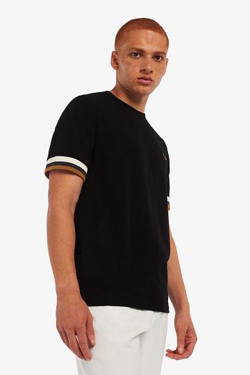 Black Fred Perry Striped Cuff Piqué Men's T Shirts | PH 1772SGLO